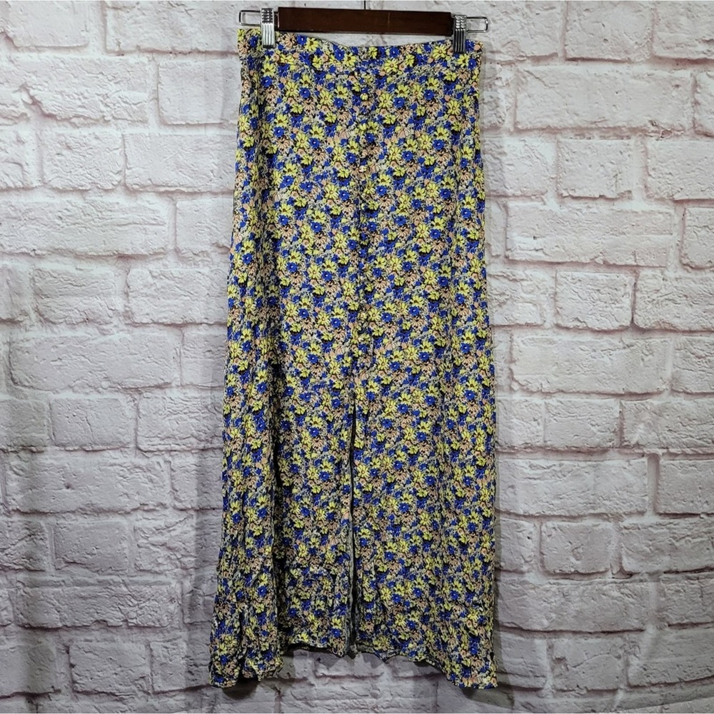Zara Blue & Yellow Mini Daisy Button Front Slit Maxi Skirt